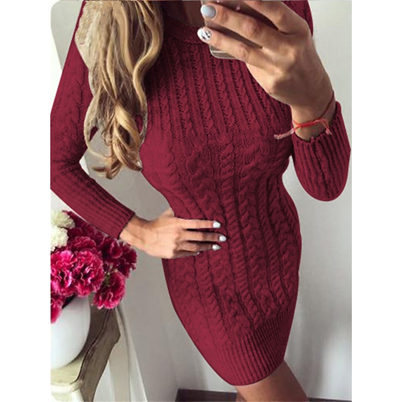 Cable Knit Crew Neck Sweater Dress Silver & Light Blue Hollow Out - Image 4