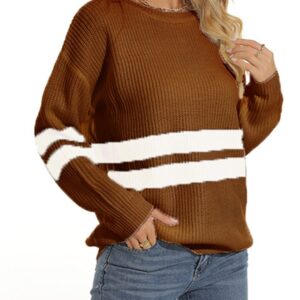 Crew Neck Patchwork Ribbed Knit Sweater Black & White Striped Look - Image 2