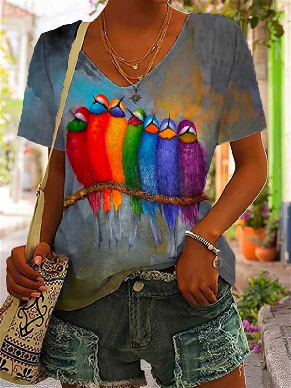 Print Short Sleeve V Neck Tee - Image 1