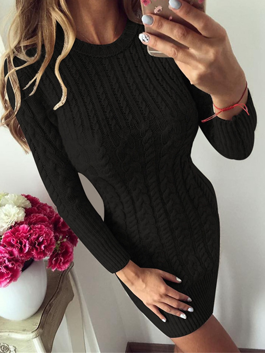 Cable Knit Crew Neck Sweater Dress Silver & Light Blue Hollow Out - Image 2