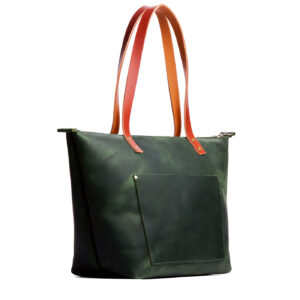 Evergreen*Zipper | Large zipper leather tote bag with sturdy bridle handles and front pocket