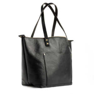 Pebbled--black*Zipper | Large zipper leather tote bag with sturdy bridle handles and front pocket